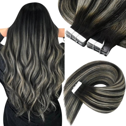 VeSunny Tape in Hair Extensions Human Hair Balayage Color Real Natural Hair Skin Weft Straight Seamless Remy Hair Extensions
