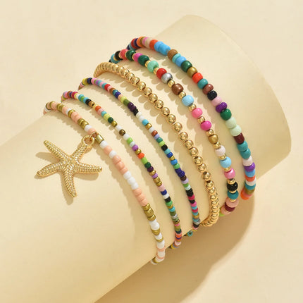 Multilayer Bohemia Rice Bead Anklet Set for Women Fashion Starfish Pendant Anklets Summer Sandy Beach Ankle Chain on Leg Jewelry