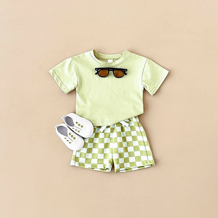 2PCS Kids Clothes Baby Boys Girls Solid Color Short Sleeve T-shirt Plaid Pattern Shorts Sets Baby Clothing Sets 0-3Y