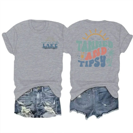Summer Beach Series T-shirts For Women Men "Tanned And Tipsy" Vacation Trip Tshirt Crewneck Short Sleeve Casual Camisetas Mujer