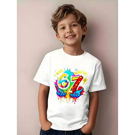 Summer Kids Short Sleeve Tops Children Cotton T-Shirt 'I WAS 6 NOW I'M 7' Birthday Print Casual Versatile Boys Streetwear Tshirt