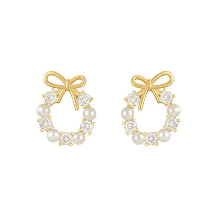 Fashion Lmitation Pearl Crystal Bow Stud Earring For Women Girl Fashion Cute Loreanearrings Party Trending Jewelry Wholesale