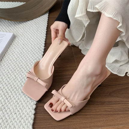 Designer Women Square Toe High Heel Slippers Fashion Butterfly-knot Dress Shoes Summer Stripper Mules Slides Zapatos De Mujer