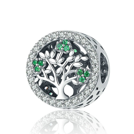 Bamoer 925 Sterling Silver Green Transparent Clover Beads The Tree of Life Family Pendant Plant Charms for Women Necklace DIY