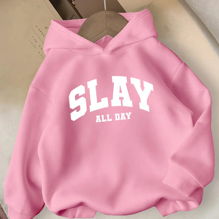 SLAY ALL DAY Hooded Sweatshirt Casual Long Sleeve Winter Pullover with Bold Lettering  Winter Clothes for Girls Comfortable Fit
