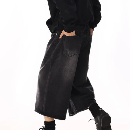REDDACHiC Plus Size Men's Jeans Jorts Black Whiskers Cleanfit Wide Leg Casual Short Pants Hip Hop Skater Retro Summer Clothes