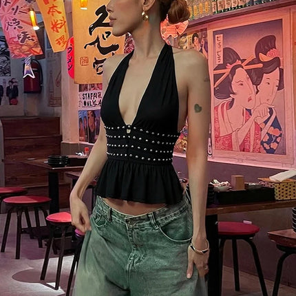 Weird Puss Rivet Ruffles Backless Tank Tops Women Hipster Halter V-Neck Sexy Midnight Street Summer Trend Hottie Coquette Tops
