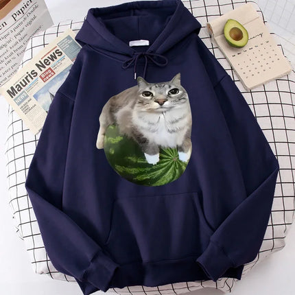 Cute Watermelon Cat Silly Cat Meme Printed Hoodies 90s Casual Sweatshirts Graphic Y2k Hooded Women's Gothic Streetwear Clothes
