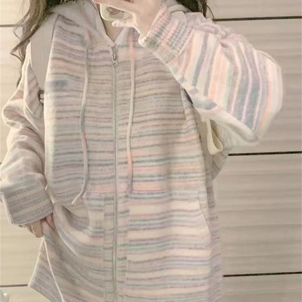 Beautiful And Unique Stripes Zipper Hooded Coat Spring And Autumn Dressing Up Collection Casual Fashion Trends Versatile