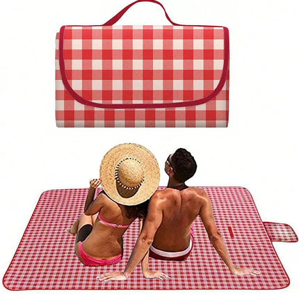 Picnic Blanket Beach Mat Washable Lightweight with Handle Red Checkered for Hiking Travelling Outdoor Camping Parks