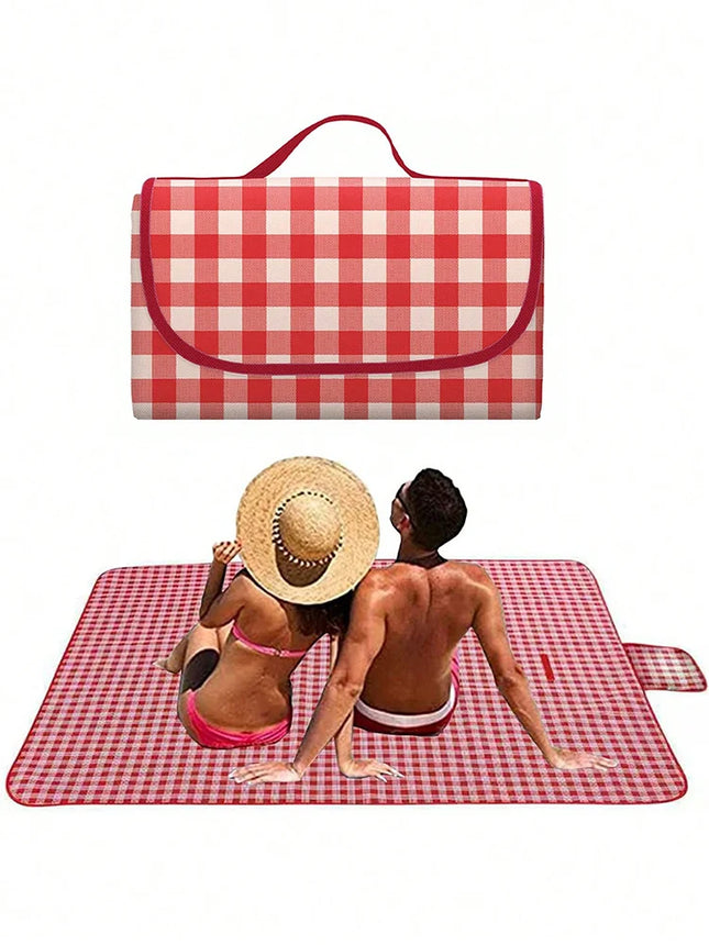 Picnic Blanket Beach Mat Washable Lightweight with Handle Red Checkered for Hiking Travelling Outdoor Camping Parks