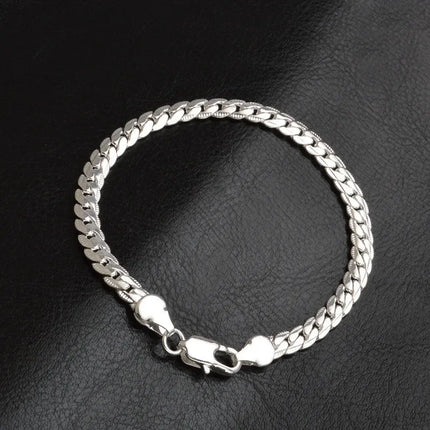 925 Sterling Silver Bracelet 6mm 18/20cm Flat Side Chain Lobster Clasp Bracelet For Woman Man Party Wedding Jewelry Holiday Gift