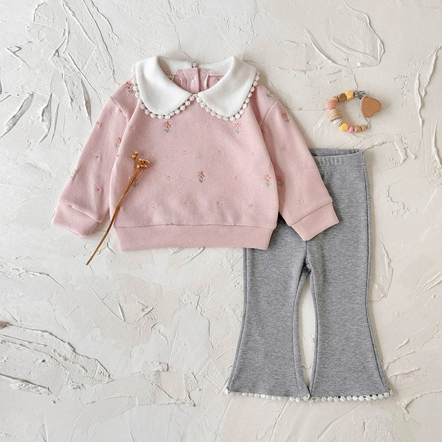 1-3 Years Baby Girl Clothes Pink Peter Pan Collar Sweatshirt and Flare Pants Set Floral Embroidery Toddler Outfit
