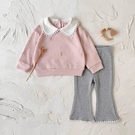 1-3 Years Baby Girl Clothes Pink Peter Pan Collar Sweatshirt and Flare Pants Set Floral Embroidery Toddler Outfit