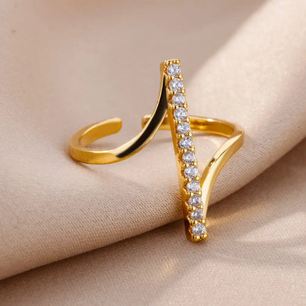 Zircon Geometric Rings For Women Gold Color Stainless Steel Opening Ring Luxury Wedding Party Aesthetic Jewelry Gift Femme 2024