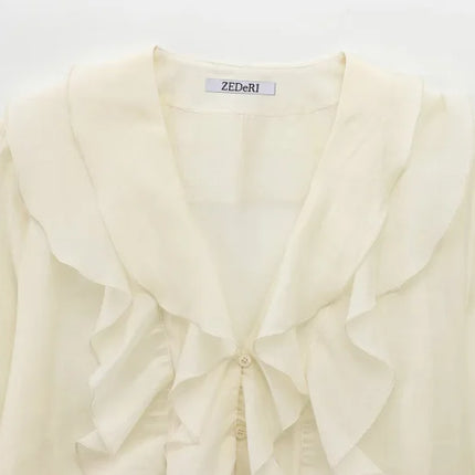 ETJ 2025  Women's Spring collection Beautiful Layered blouse Stylish sexy translucent ruffled V-neck long-sleeved shirt