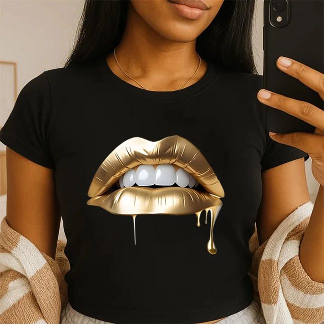 Lip Print Design Graphic Crop T Shirts Women Harajuku Fashion Short Sleeve Cotton Crop Tops Girls Sexy Lip Summer Outfit