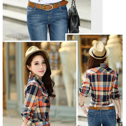 Slim Fit Plaid Long Sleeve Women's Shirt Qiang Yixuan Brand Autumn New Korean Version Cotton Button-Up Shirt