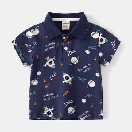1-7Y Dino Full Print Children Polo for Boys Clothes Summer Collar Baby Boy Tshirt Grey Cotton Fashion Toddler Top Shirt Boutique