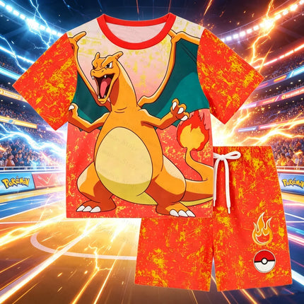 Charizard Print Kids Pajamas Set Anime Pokemon Short Sleeve For Boys 2 Pieces Comfortable Kids Tshirt Set Men's Shirts and short