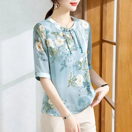 Women Button Summer Short Sleeved Silk Blouse Women's Elegant Loose Top Floral Retro Print New T-Shirt Plus Size Shirt Tops