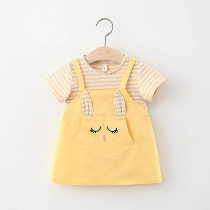 Summer Baby Cartoon Cat Dress Striped Short Sleeve Top Suspended Princess Dress 0-3 Year Old Girls' Clothing