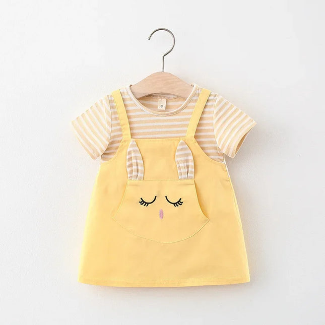 Summer Baby Cartoon Cat Dress Striped Short Sleeve Top Suspended Princess Dress 0-3 Year Old Girls' Clothing