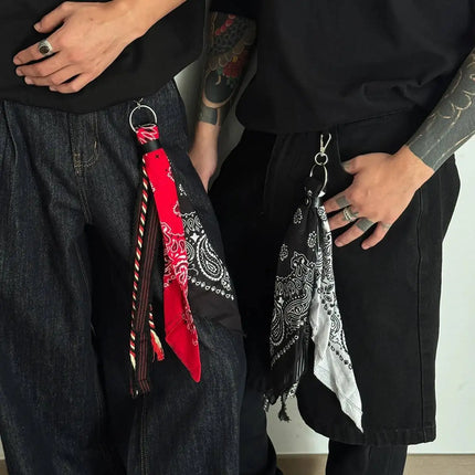 Salircon 2Styles New HipHop Ribbon Waist Pants Chain Trousers KeyChain Men Trend Handkerchief Charm Bag Pendant Keyring Jewelry