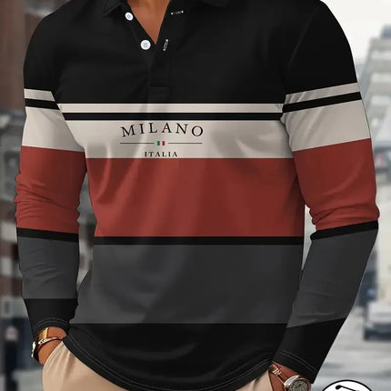 The new men's long-sleeved POLO shirt for Spring and Autumn 2025 is casual fashionable and comfortable with 3D striped printing