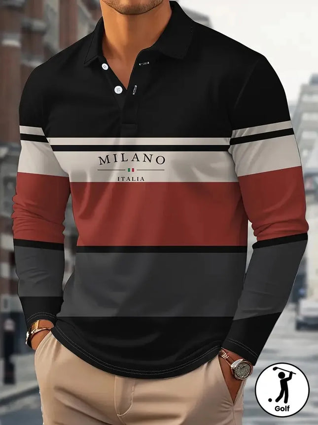 The new men's long-sleeved POLO shirt for Spring and Autumn 2025 is casual fashionable and comfortable with 3D striped printing