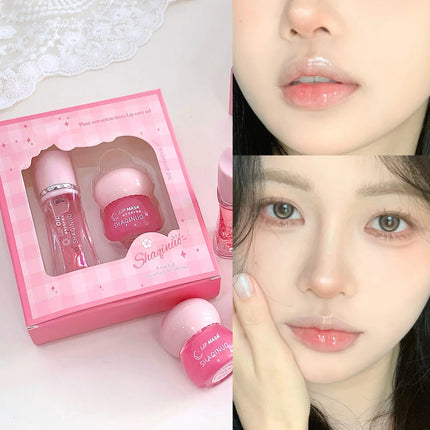 Strawberry Lip Balm & Lip Oil Set Clear Glass Moisturizing Lightweight Hydrating Jelly Day & Night Lip Mask Set Makeup Lips Care