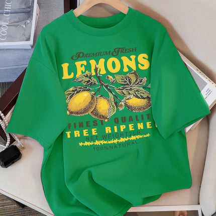 Lemons Fruits Premium Fresh Printing T Shirt Woman Loose Cotton Sportswear O-Neck Casual T Shirts Loose All-Match Short Sleeve