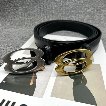 Fashionable Geometric Double Oval Metal Buckle Decorative Belt Versatile Personality High-End Design PU Leather Waistband