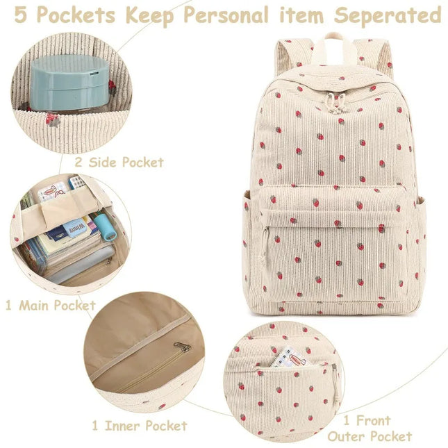 3/set Corduroy Backpacks Strawberry Multi-function Schoolbag Casual Travel Large Capacity Daily Lightweight Students School Bag