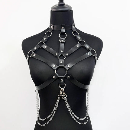 PU Leather Harness Belt Women Chest Lingerie Set with Chain Strap Decortion Garter Belt Gothic Collocation Clothing Accessories