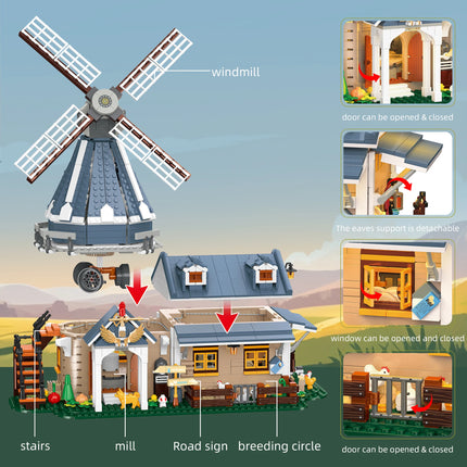 Creative Windmill Ranch Building Blocks Farm House Model with Rotating Blades Animal Figures DIY Toy Gift for Kids Adults