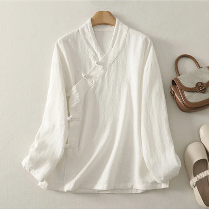 Loose Fit Long Sleeve Shirt New Autumn 2025 Chinese Style Button Zen Study Robe Tea Ceremony Side Buttoned Cotton Linen Shirt