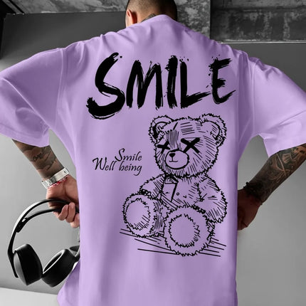 Trendy summer new men's personalized teddy bear print micro-elastic comfortable breathable crew neck T-shirt outdoor urban top