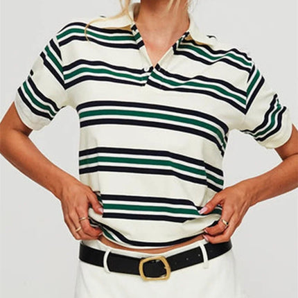Women Summer Basic T-Shirt Casual Striped Print Lapel Short Sleeve Tops For Streetwear Aesthetic Grunge Clothes Hot Sale S-XL