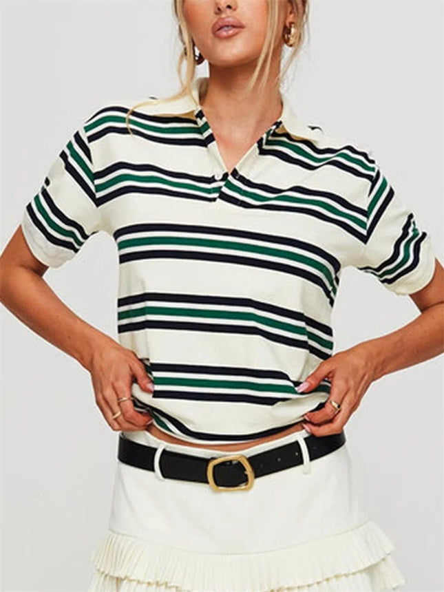 Women's Summer Basic T-Shirt Casual Striped Print Lapel Short Sleeve Tops For Streetwear Aesthetic Grunge Clothes Hot Sale S-XL