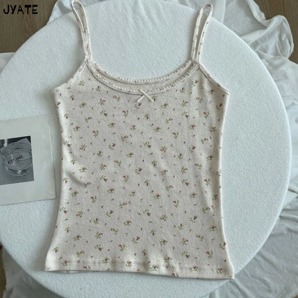 Sweet Floral Print Eyelet Bow Cropped Vests Women Cotton Casual Slim Lace Trim Tank Tops Vintage Preppy Style Cute Camisole Y2K