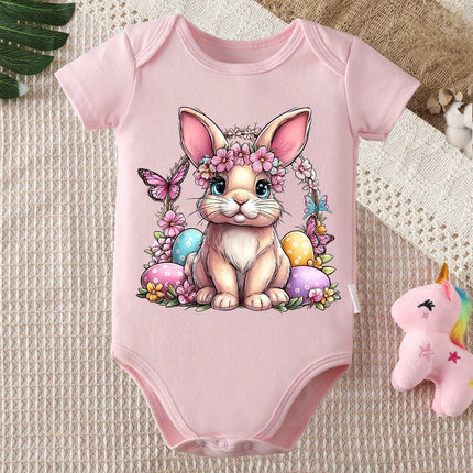 Pure Cotton Bodysuit Retro Happy Easter Bunny Flowers Onesie Comfortable Cloths for Baby Jumpsuit for 0 To 12 Months Newborn