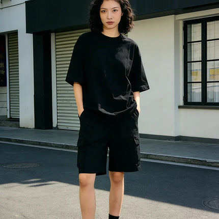 Summer Oversize T-shirts 230GSM Cotton Couple T-Shirt Streetwear Short Sleeves Tee Shirt Solid Color Men Casual Loose Basic Tops