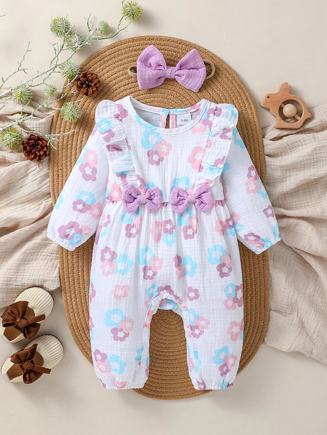 Baby Girls' Cotton Soft Spring/Fall Long Sleeve Floral Print Jumpsuit with Bow, Cute Clothes + Headband