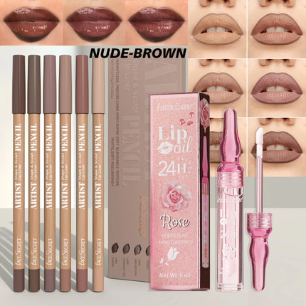 7Pcs Lip Set Velvet Matte Lip Liner and Lip Oil Set Waterproof Long-Lasting Lip Liner Set Cosmetics
