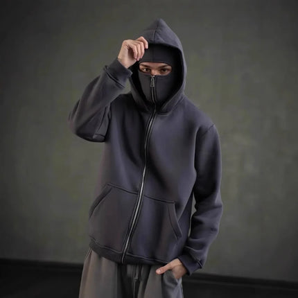 Balaclava Men Zip Hoodie Winter Warm Casual Sweatshirt Y2K with Hooded Face Mask Zipper Design Sports Jacket Outdoor Activities
