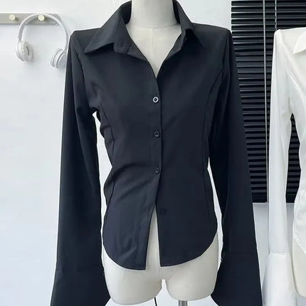White Shirt Women Tops Korean Long Sleeve Blouses Lace Up Button Up Shirt Office Lady Black Fashion Slim Turn-Down Collar Blouse