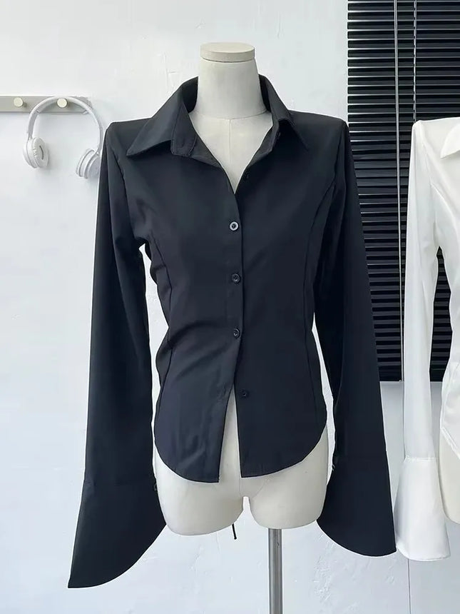 White Shirt Women Tops Korean Long Sleeve Blouses Lace Up Button Up Shirt Office Lady Black Fashion Slim Turn-Down Collar Blouse