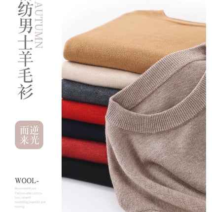 100% Wool Round Neck Solid Color Knitted Sweater Men's Pullover Long Sleeved Loose Sweater Business Casual Simple Cashmeres 2026