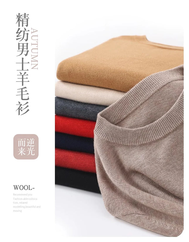 100% Wool Round Neck Solid Color Knitted Sweater Men's Pullover Long Sleeved Loose Sweater Business Casual Simple Cashmeres 2026